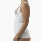 White tank top worn by a person on a white background