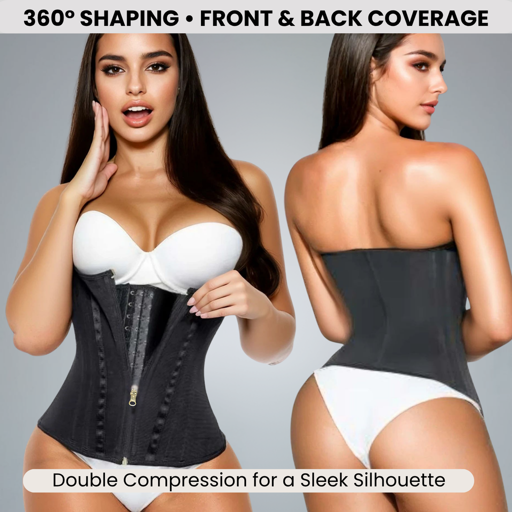 Woman wearing a black waist trainer with front and back coverage, highlighting 360-degree shaping.