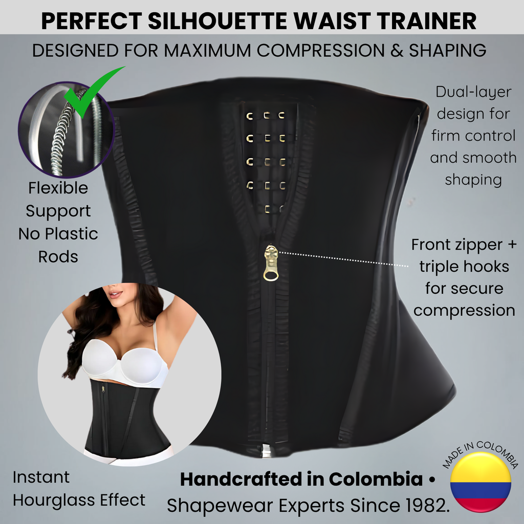 Black waist trainer with features highlighted on a gray background