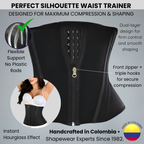 Black waist trainer with features highlighted on a gray background