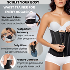 Woman wearing a waist trainer with text highlighting its uses for workouts, postpartum recovery, daily wear, and posture correction.