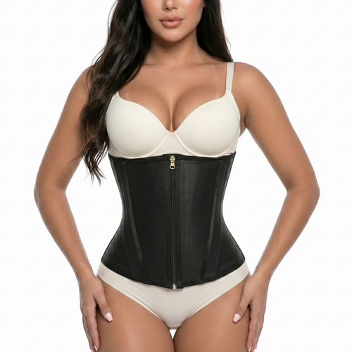 Front view of Perfect Silhouette double compression waist trainer with front zipper and Colombian Powernet fabric