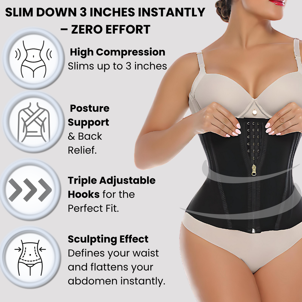 Woman wearing a black waist trainer with text highlighting its features on a light gray background