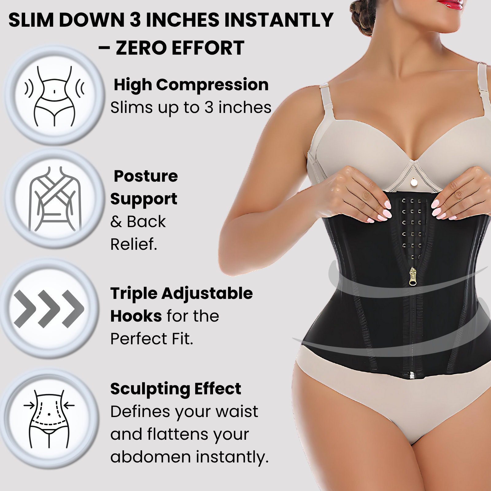 Woman wearing a black waist trainer with text highlighting its features on a light gray background