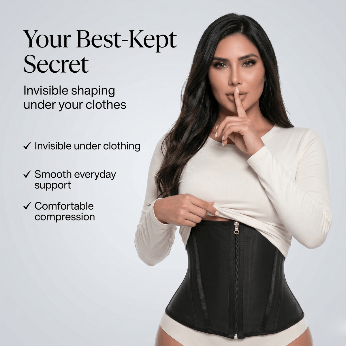 Perfect Silhouette waist trainer hidden under clothing for invisible shaping, comfortable compression and everyday wear
