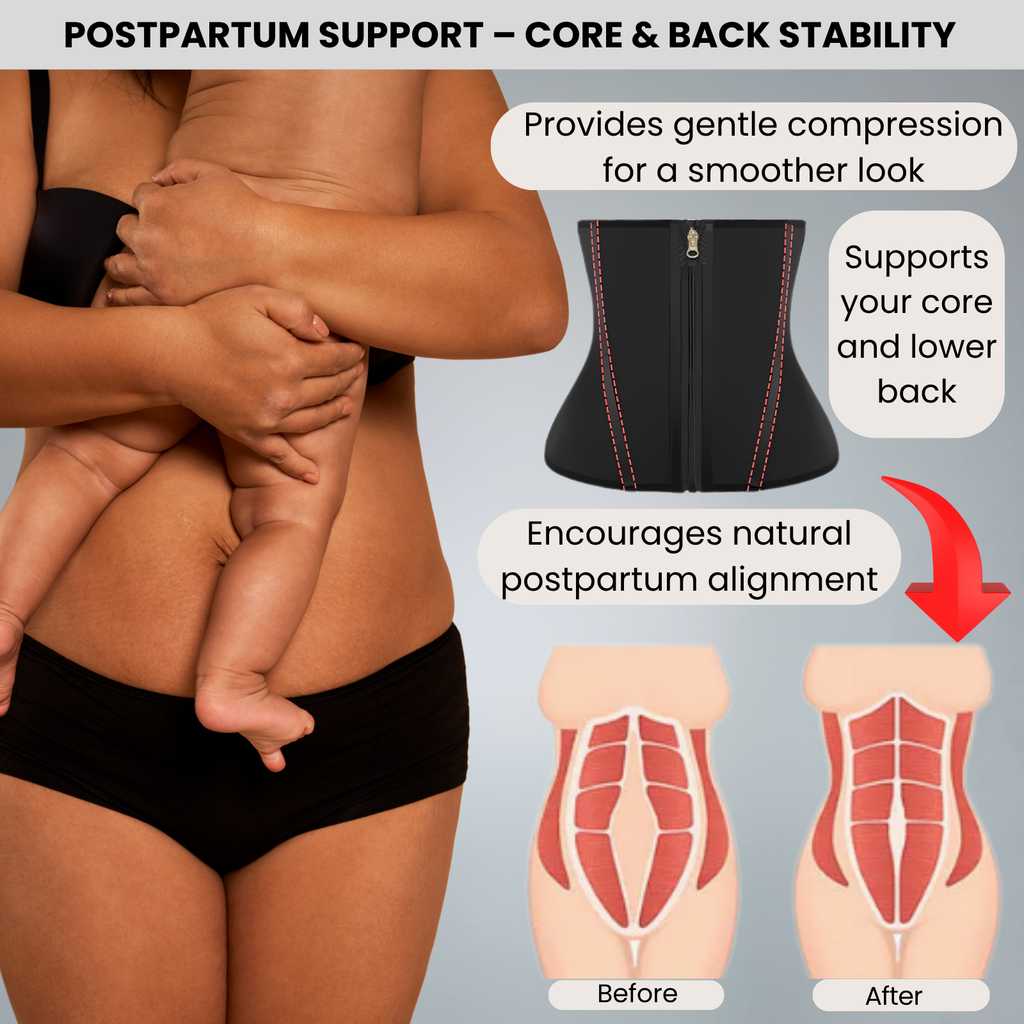 Postpartum support belt with illustrations of benefits and before-and-after effects on a gray background.