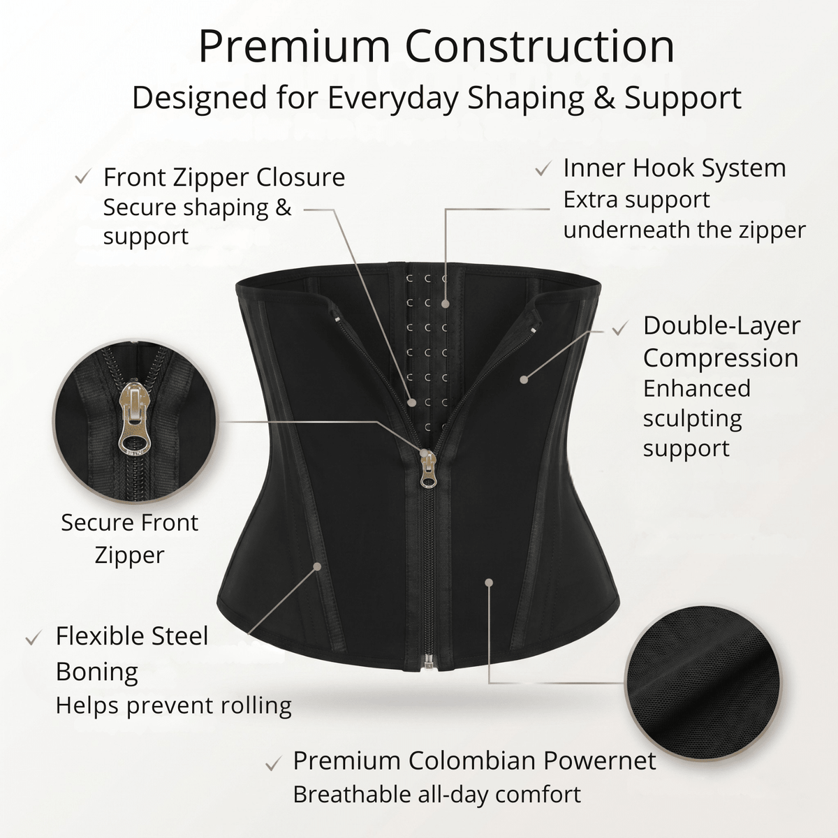 Perfect Silhouette waist trainer featuring double compression layer, front zipper, inner hooks and smooth back support
