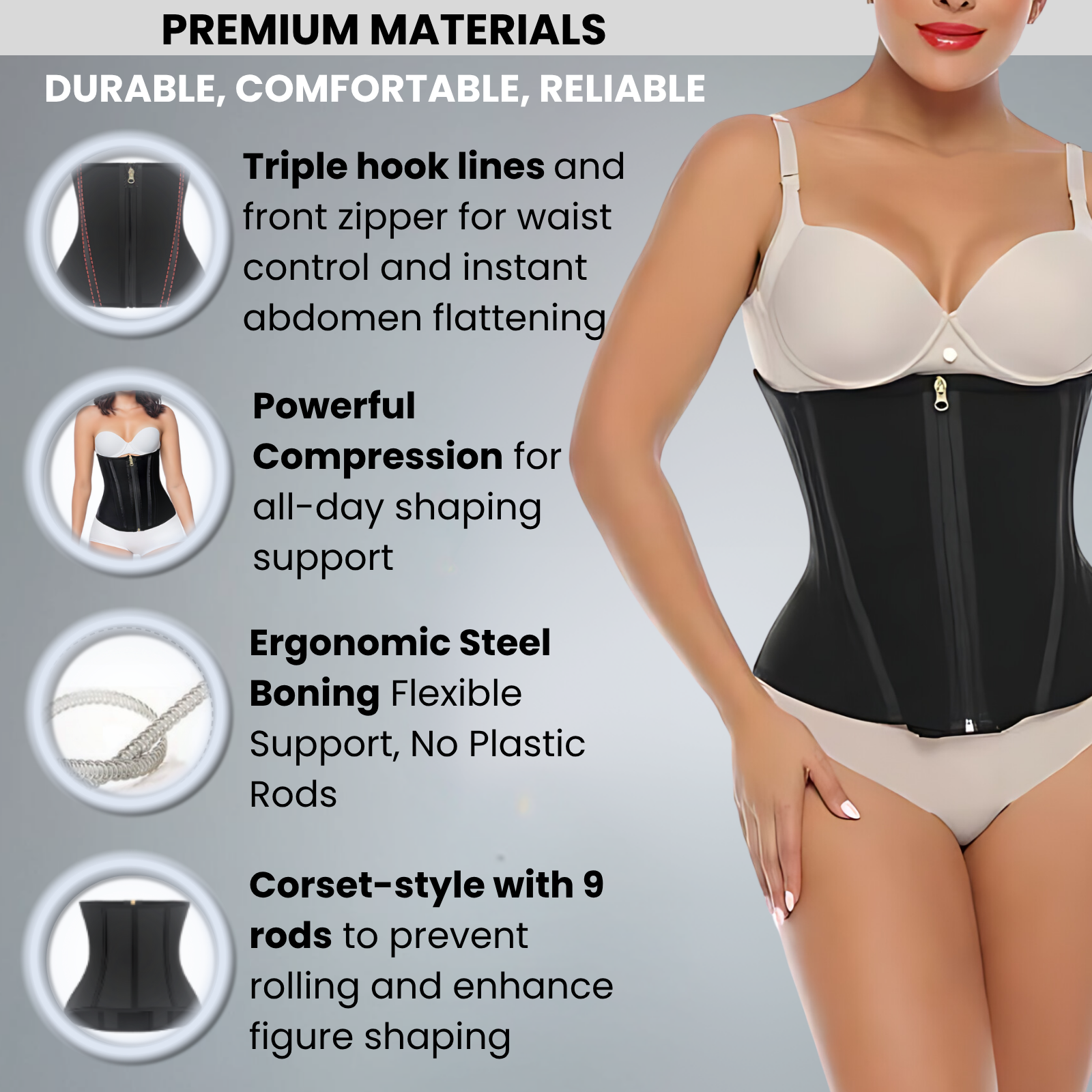 Woman wearing a waist training corset with features listed on the left.