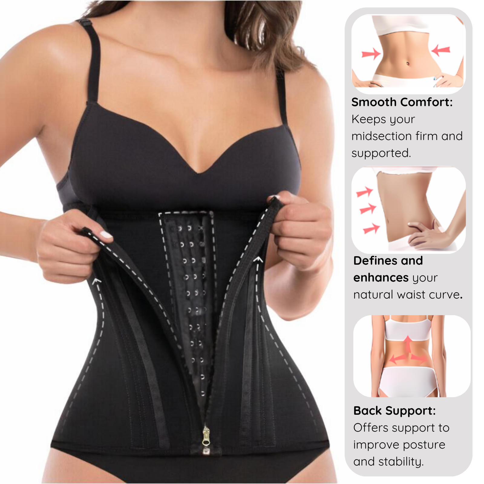 Black waist trainer worn by a model with text on its benefits on the right side.