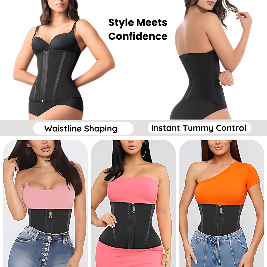 Black waist trainer with text highlighting features on a white background