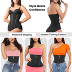 Black waist trainer with text highlighting features on a white background
