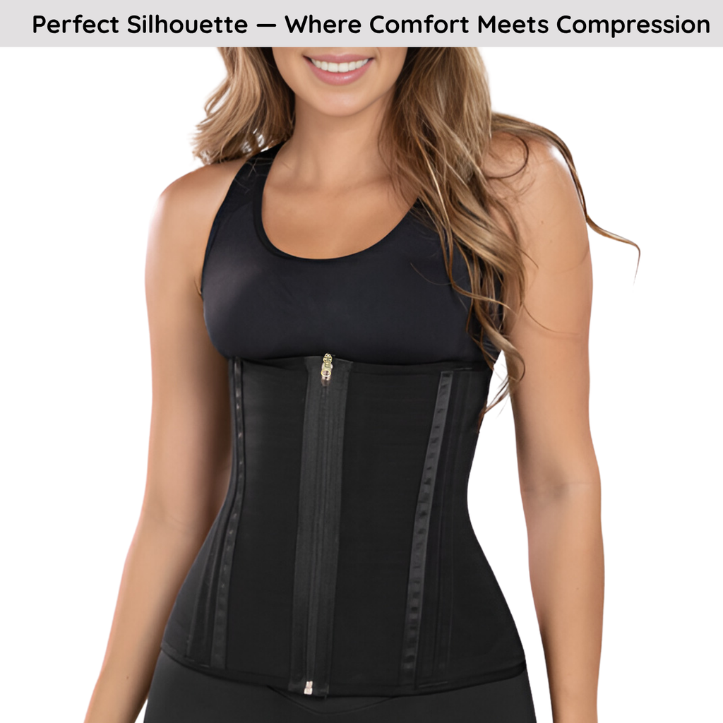 Woman wearing a black compression waist trainer with text 'Perfect Silhouette - Where Comfort Meets Compression'.
