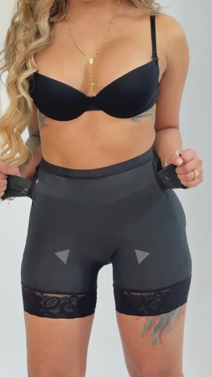 Video showing the Siluet LR5 butt-lift short with adjustable side compression panels demonstrated on a model.