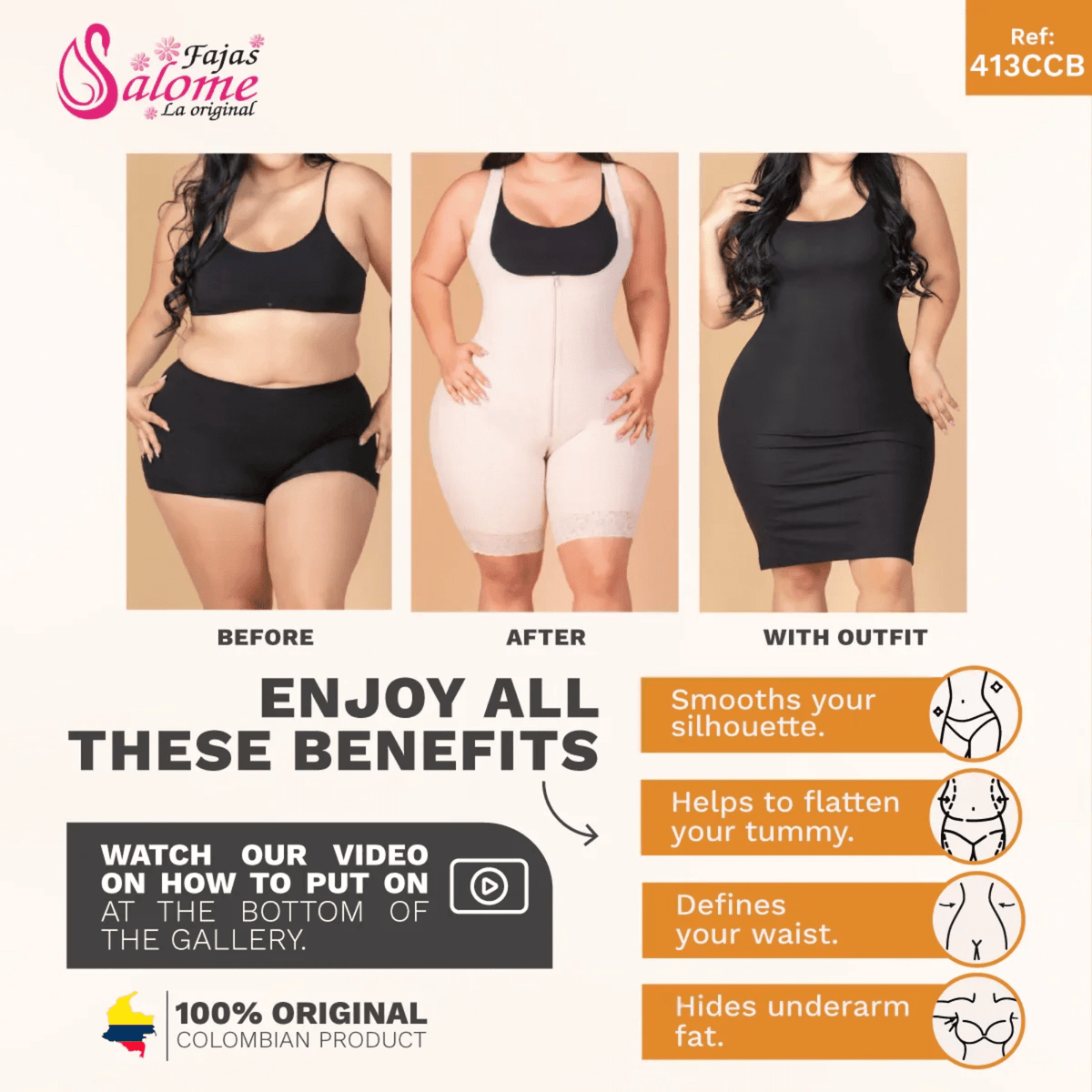 Salome 413 - CCB | Faja Colombiana Tummy Control Girdle with Hooks Bodysuit | Powernet - Colombian Shapewear | Siluets