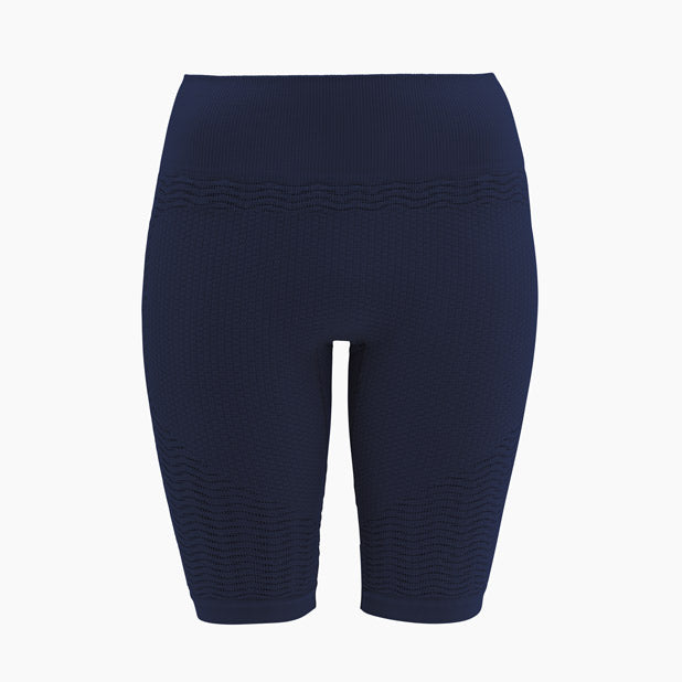 Navy blue athletic shorts on a white background