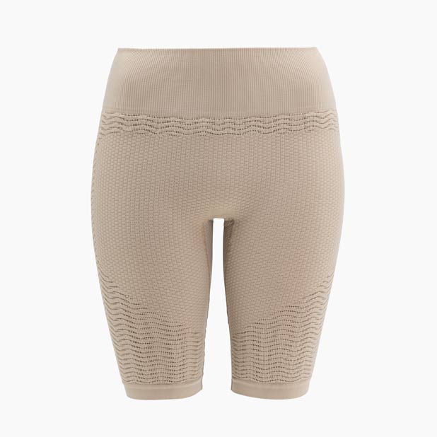 Beige ribbed leggings on a white background