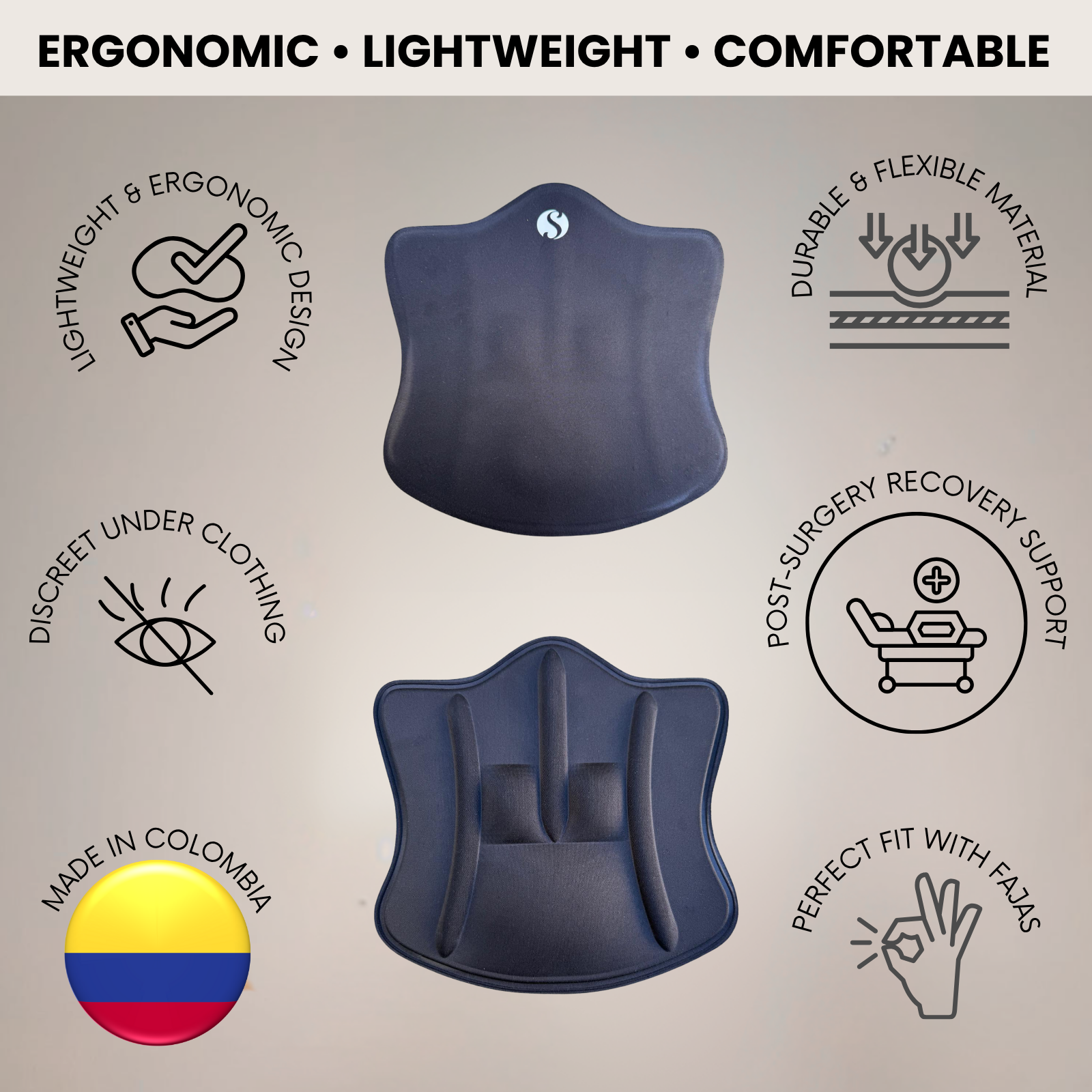 Black abdominal contour board shown in two views with illustrated benefits such as ergonomic design, flexibility, discreet fit, post-surgery support, and Made in Colombia icons.
