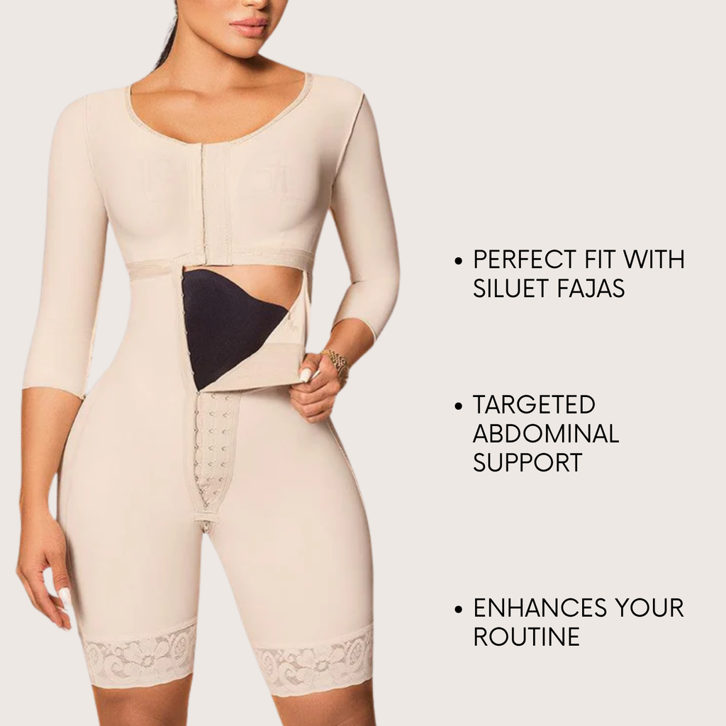 Woman wearing a beige faja with a black abdominal contour board inserted, shown with text highlighting perfect fit, targeted abdominal support, and enhanced routine.