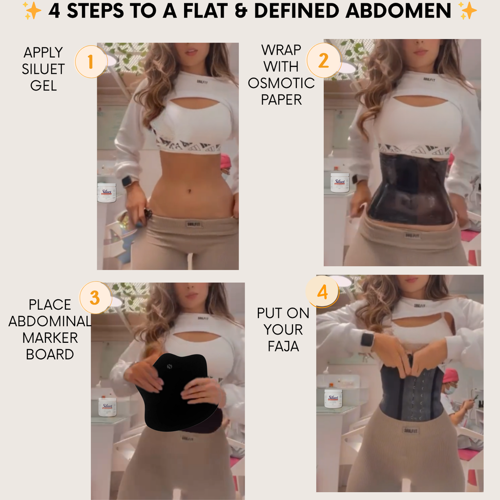 Step-by-step guide on how to achieve a flat and defined abdomen using Siluet gel, osmotic paper, abdominal marker board, and Faja.
