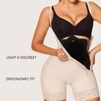 Woman wearing a beige shapewear garment with a black abdominal contour board placed inside, showing light and discreet ergonomic fit.