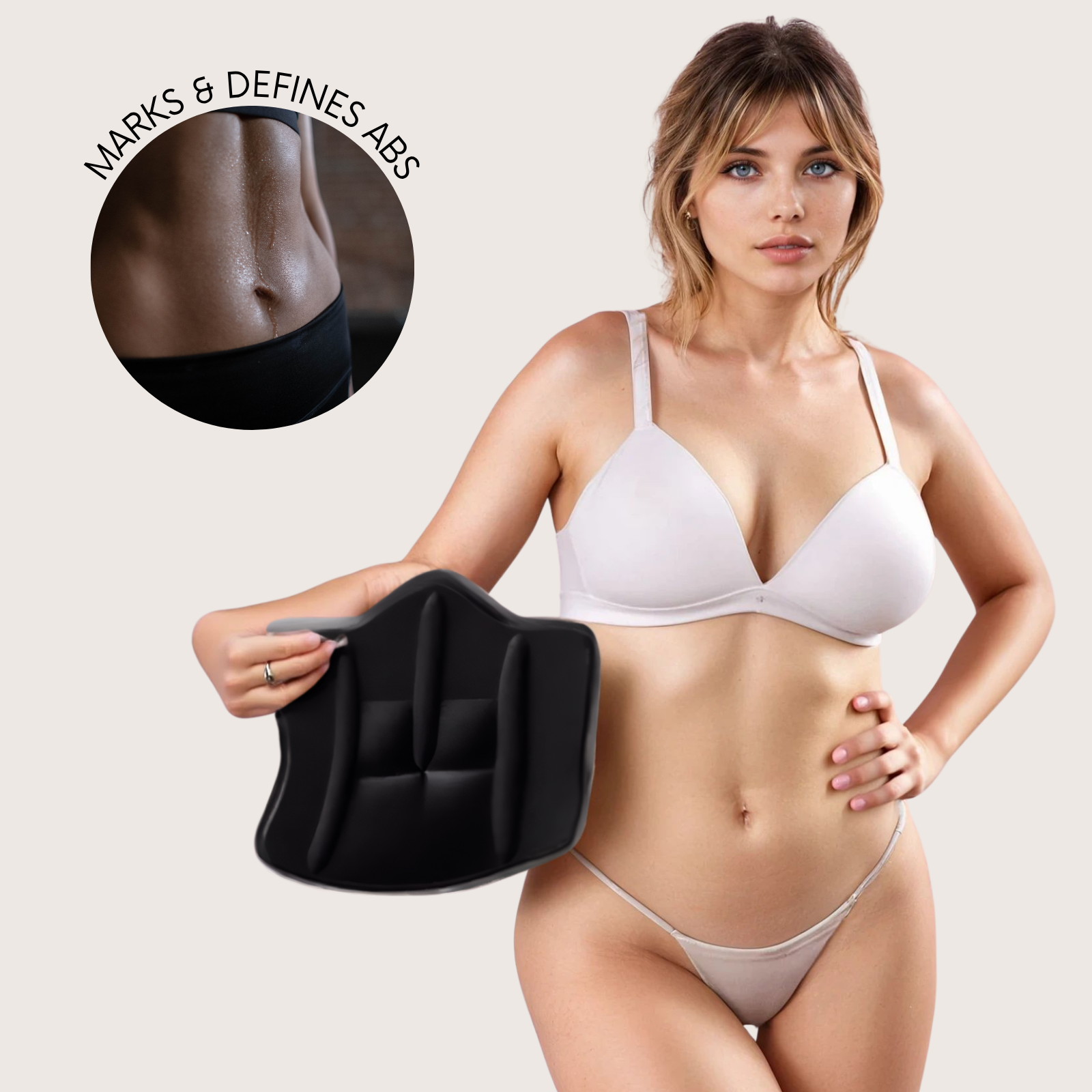 Woman holding a black abdominal contour board with an inset image of defined abs and the text ‘Marks & Defines Abs’ on a beige background.