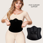 Woman wearing a beige compression garment holding a black abdominal contour board, with an inset of the product and the text ‘Post-Surgery Support’ on a light background.