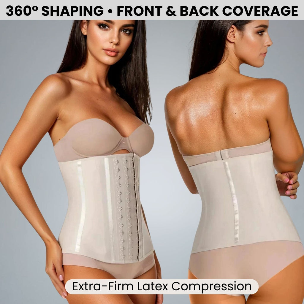 Woman wearing an extra-firm latex compression shapewear with front and back coverage.