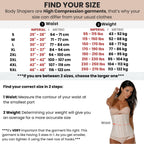 Body shaper size chart with measurements and weight ranges, featuring a model wearing a body shaper.