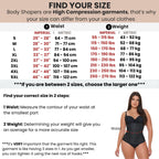 Body shaper size chart with measurements and weight ranges