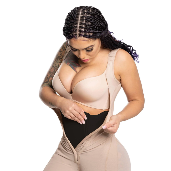Model wearing abdominal board mini under compression garment for post-surgery recovery