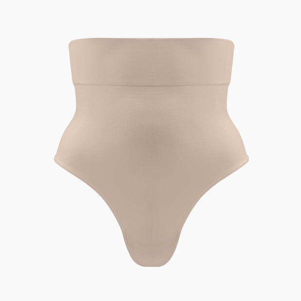 Beige high-waisted bikini bottom on a white background