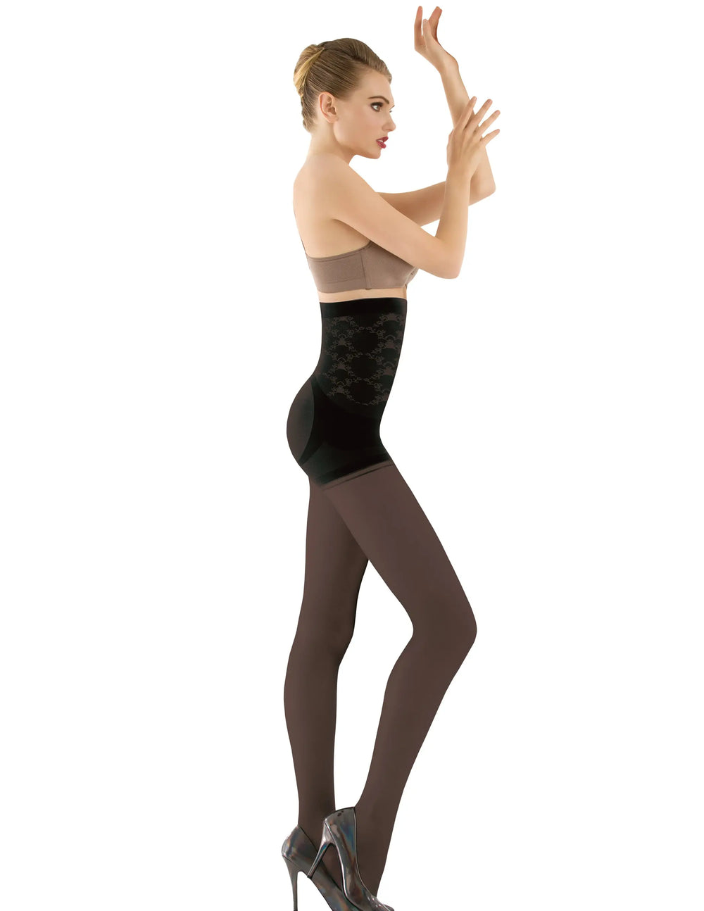 1T1824 High Waisted Tummy Taming Tights with Sheer Finish and Targeted Compression Siluets