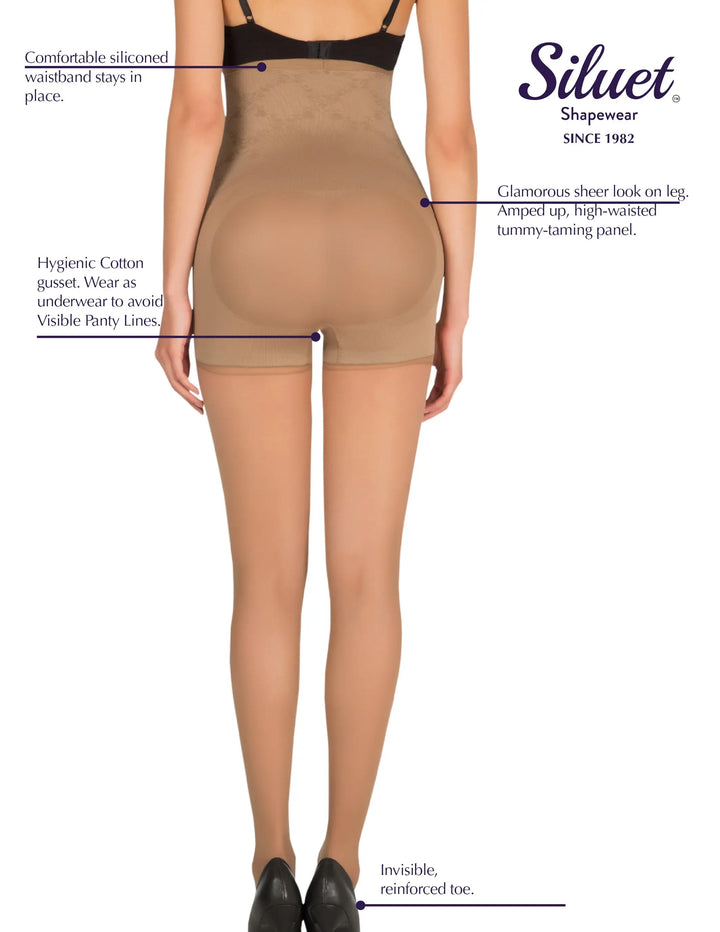 1T1824 High Waisted Tummy Taming Tights with Sheer Finish and Targeted Compression Siluets