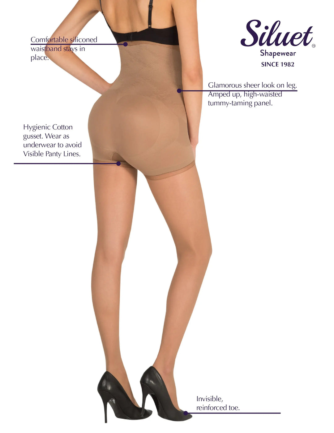 1T1824 High Waisted Tummy Taming Tights with Sheer Finish and Targeted Compression Siluets