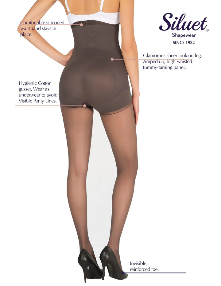 1T1824 High Waisted Tummy Taming Tights with Sheer Finish and Targeted Compression Siluets