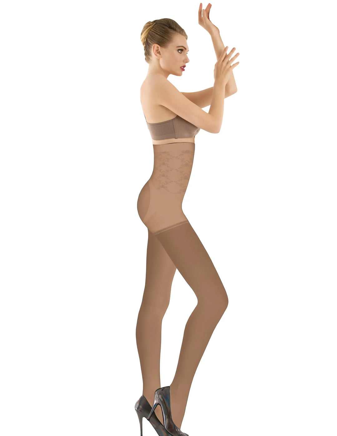 1T1824 High Waisted Tummy Taming Tights with Sheer Finish and Targeted Compression Siluets