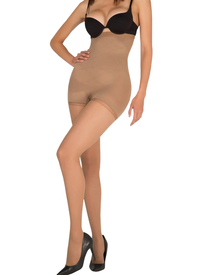 1T1824 High Waisted Tummy Taming Tights with Sheer Finish and Targeted Compression Siluets